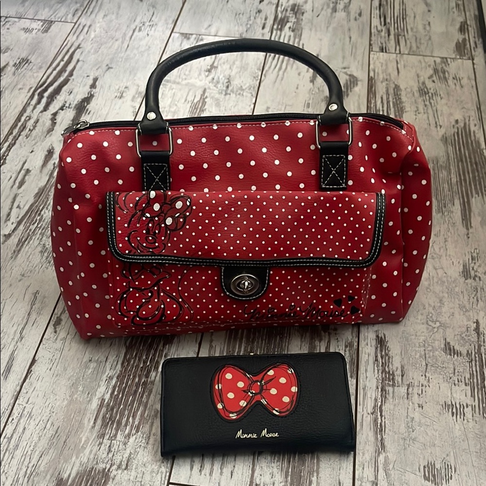 Disney Minnie Mouse Red and Black Satchel and Wallet Combo with Polka Dots